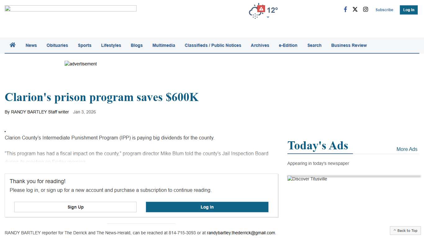 Clarion's prison program saves $600K Front Page thederrick.com